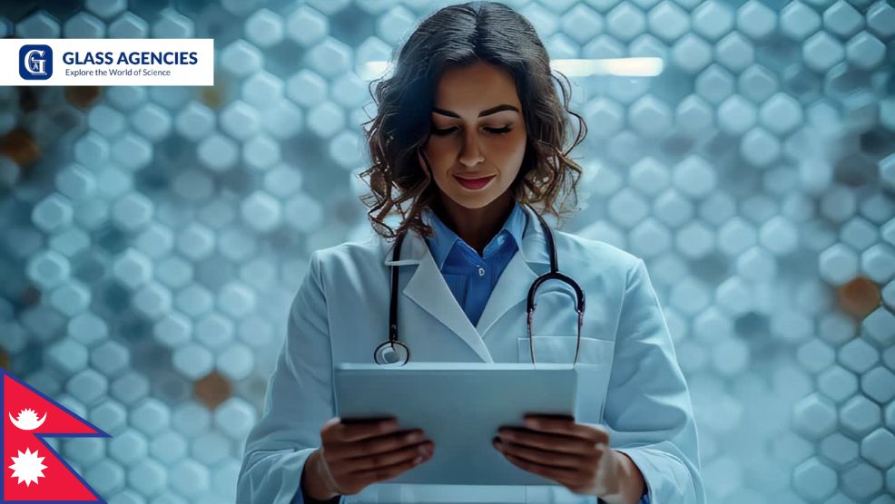 Female laboratory professional reviewing data on a tablet in a modern lab, representing ISO certified Glass Agencies as a laboratory equipment supplier in Nepal.