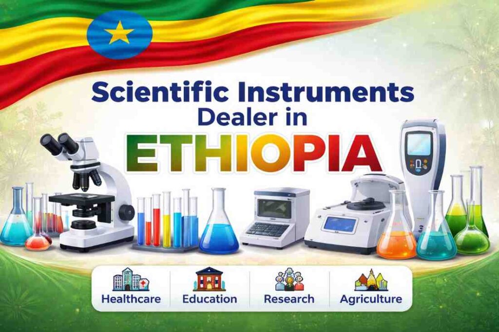 Scientific instruments dealer in Ethiopia banner showcasing laboratory equipment, microscopes, glassware, and testing instruments supplied by Glass Agencies for healthcare, education, research, and agriculture laboratories.